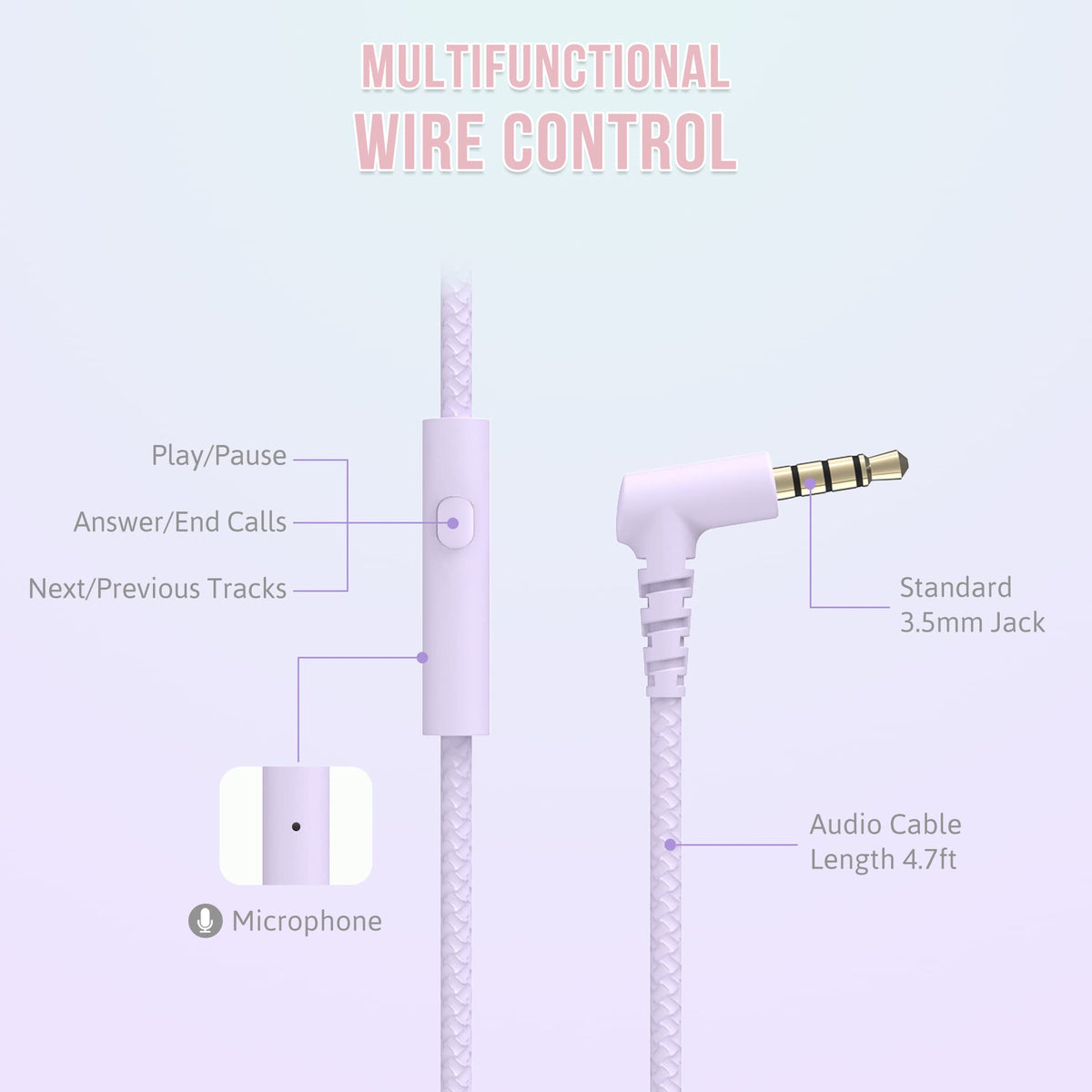 Rockpapa L22 purple headphones durable nylon cord prevents tangles during travel.