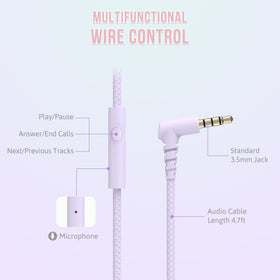Rockpapa L22 purple headphones durable nylon cord prevents tangles during travel.
