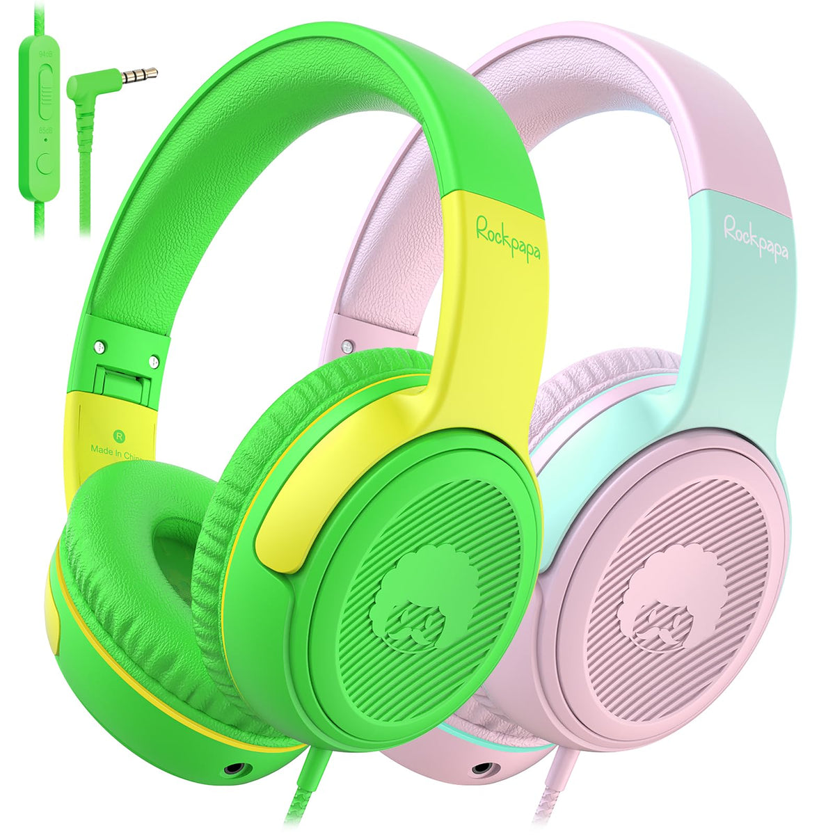 Rockpapa Share 1 kids headphones green with foldable design for travel.