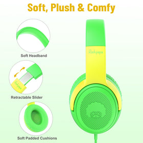 Rockpapa Share 1 kids headphones yellow-pink with shared listening port.