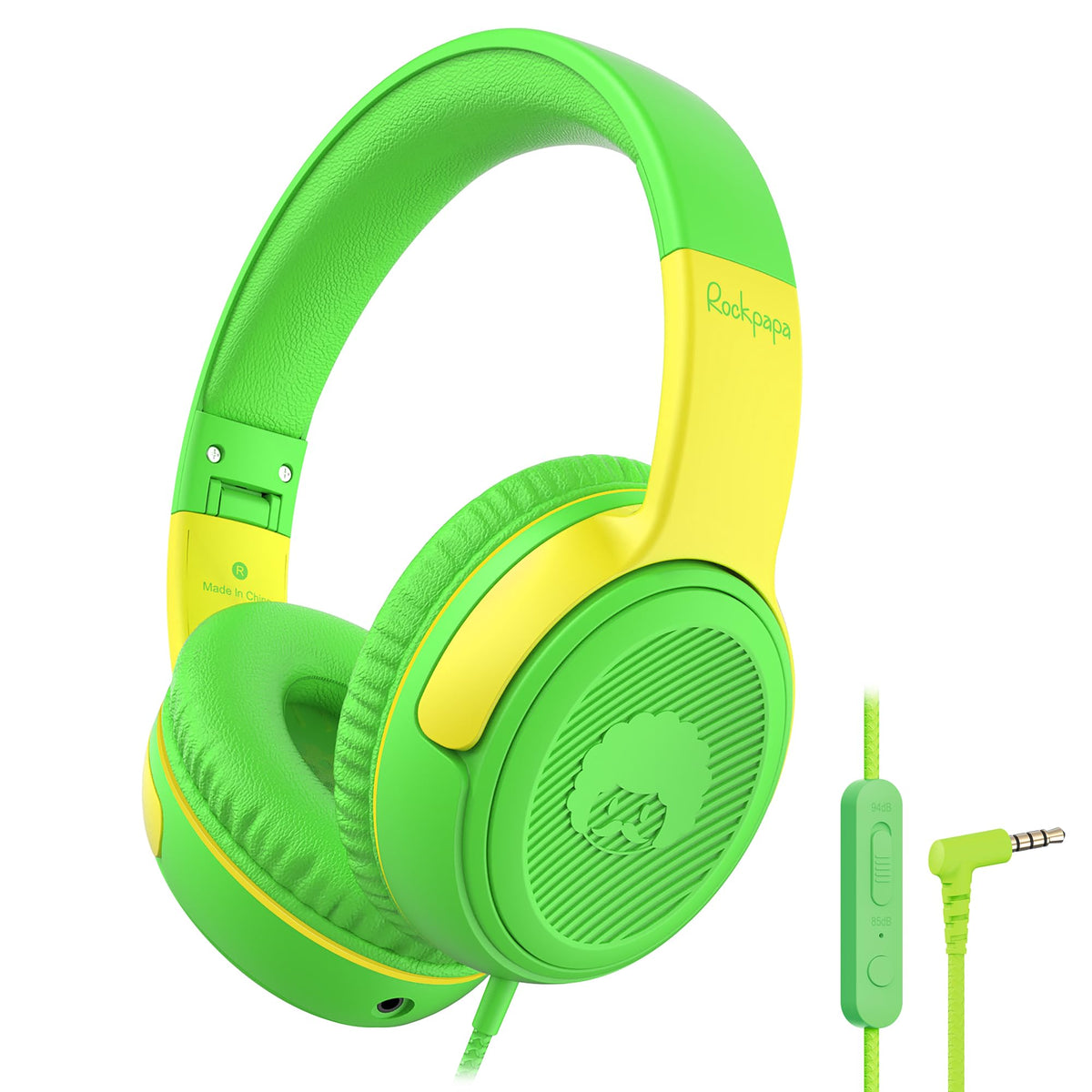 rockpapa front view of green yellow headphones showing design and kid-friendly look