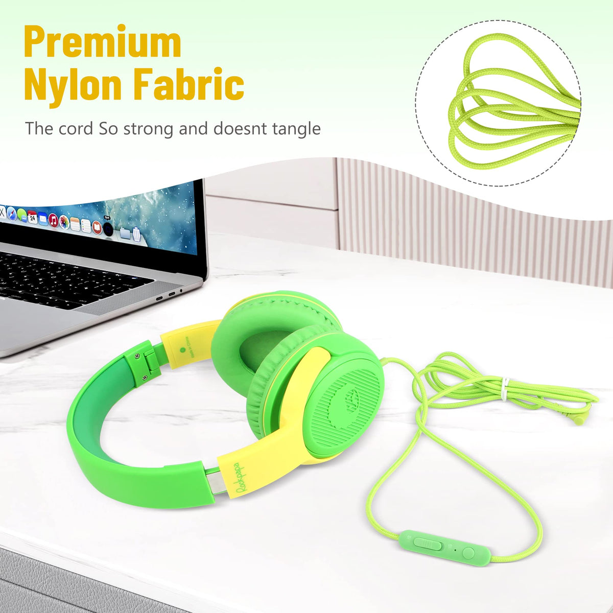 rockpapa headphones next to a school backpack showing lightweight size and portability