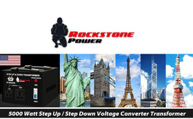 ROCKSTONE POWER 5000W transformer socket area showing 110V and 220V outlets for versatility