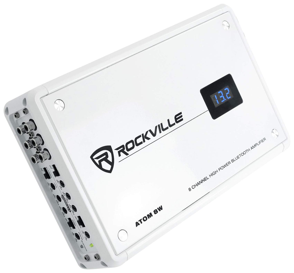 Rockville Atom 8W marine amplifier front view showing compact power for boat speakers