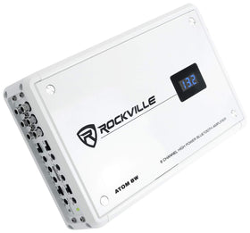 Rockville Atom 8W marine amplifier front view showing compact power for boat speakers