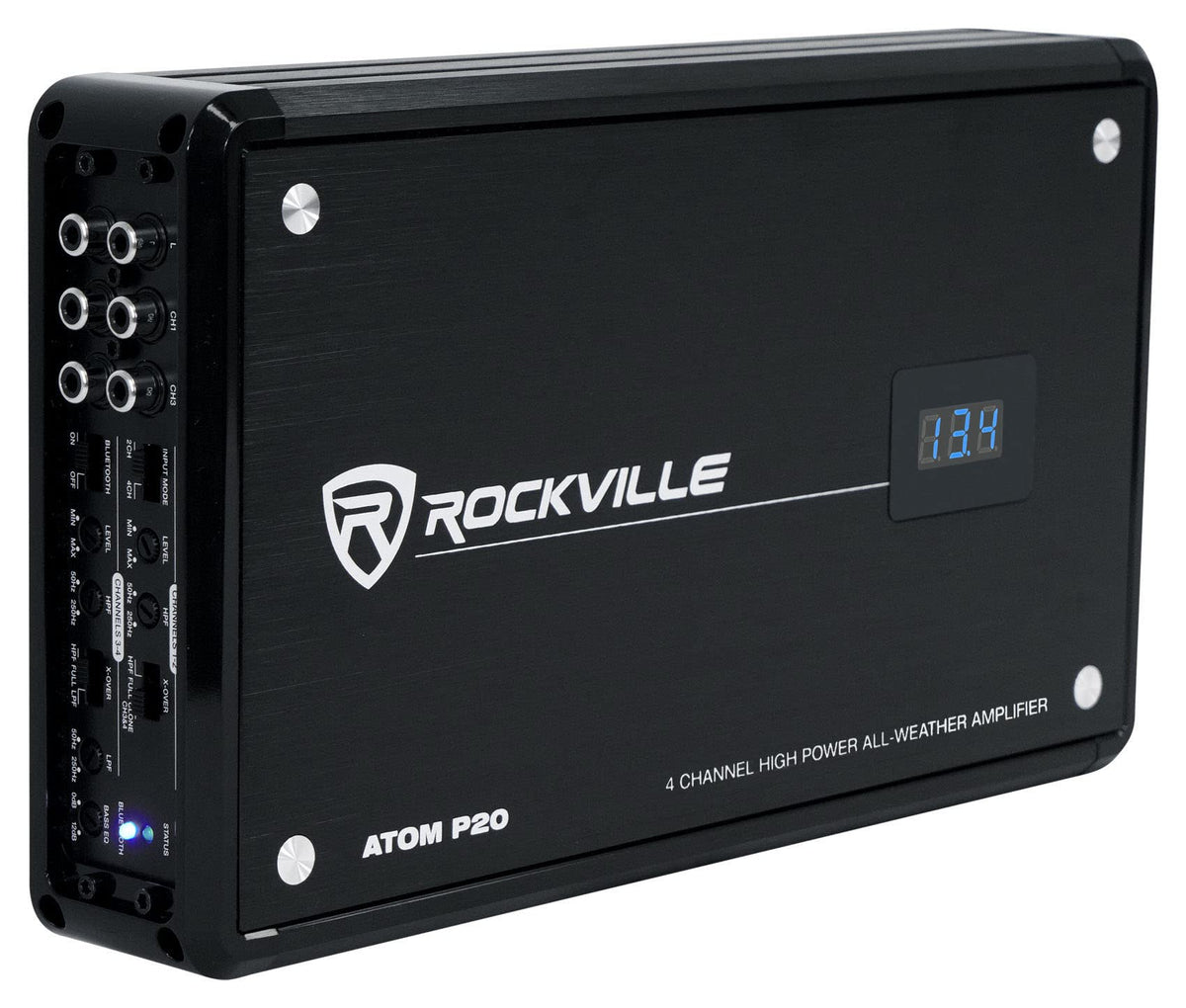 Rockville ATOM P20 amplifier front view showing rugged build for marine and automotive use