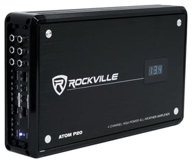 Rockville ATOM P20 amplifier front view showing rugged build for marine and automotive use