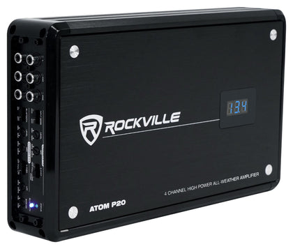 Rockville ATOM P20 amplifier front view showing rugged build for marine and automotive use