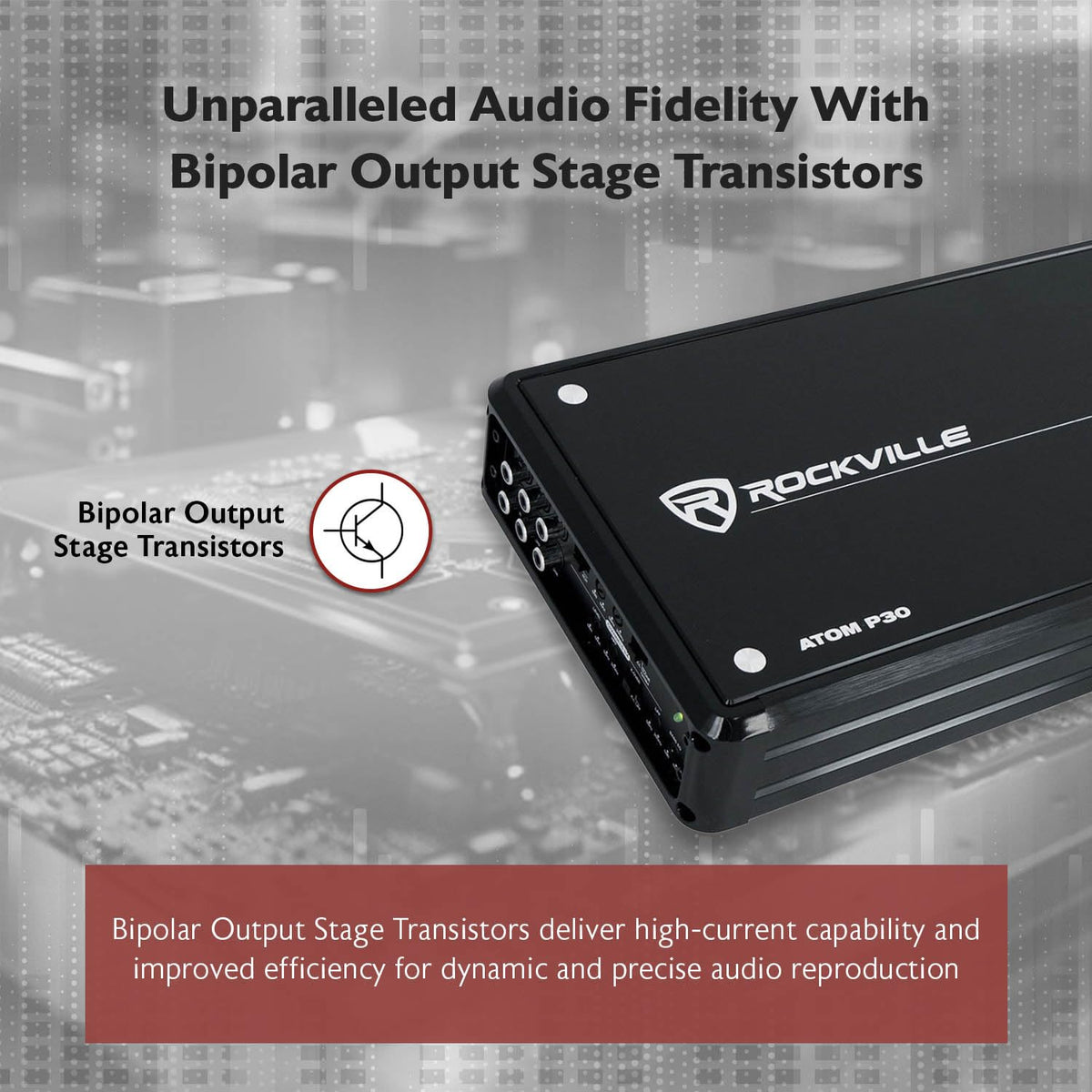 Rockville Atom P30 connection panel highlights crossover options for precise tuning.