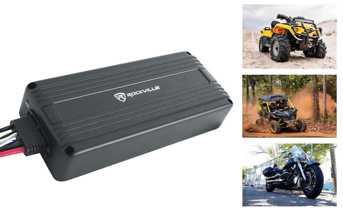 Rockville ATV300 front view amplifier powering rugged on-road and off-road audio systems.
