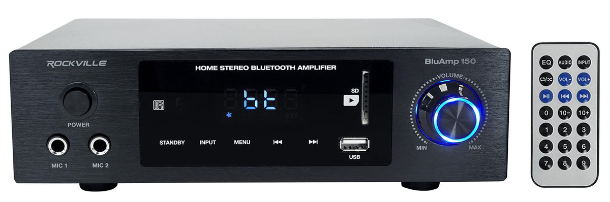 Rockville BLUAMP 150 front panel with easy controls for precise listening