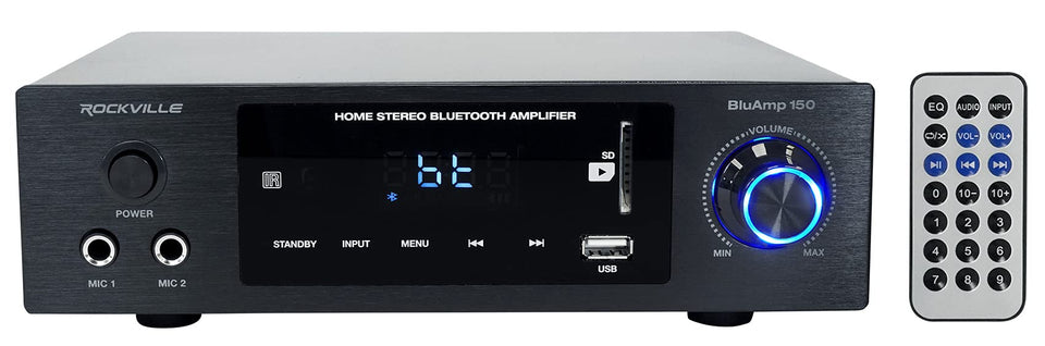 Rockville BLUAMP 150 front panel with easy controls for precise listening