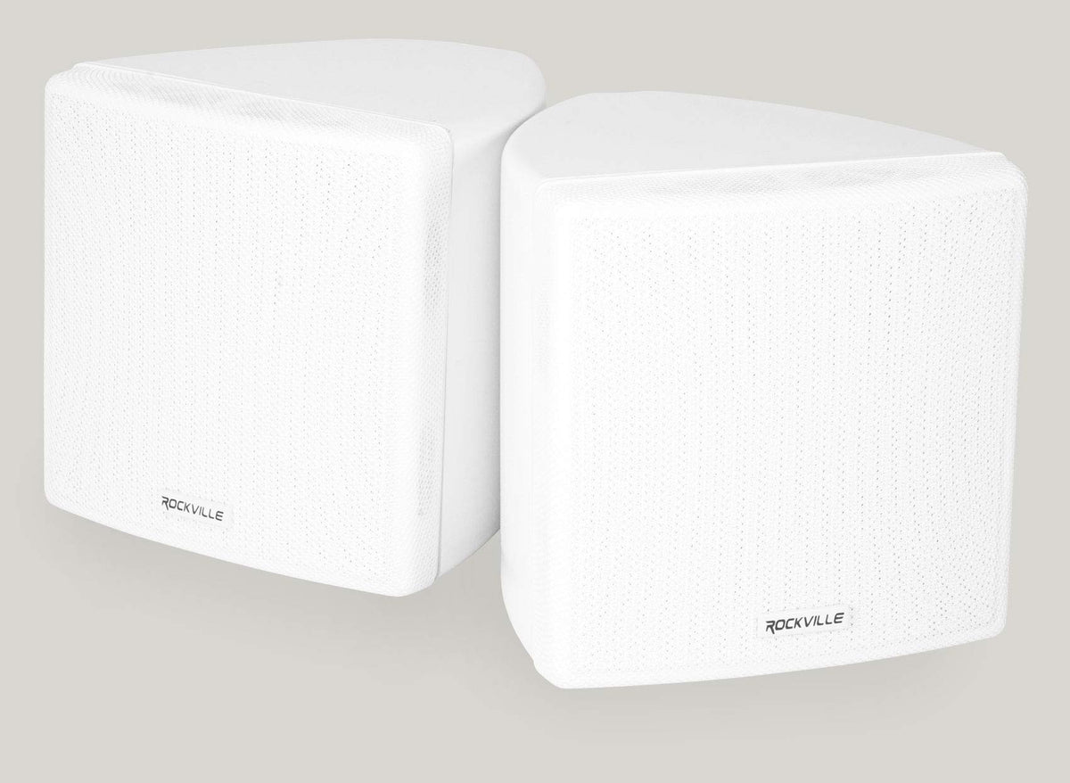 Rockville Cube White 3.5-inch woofer and 0.5-inch tweeter front view delivers clear theater audio.