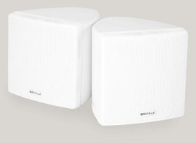 Rockville Cube White 3.5-inch woofer and 0.5-inch tweeter front view delivers clear theater audio.