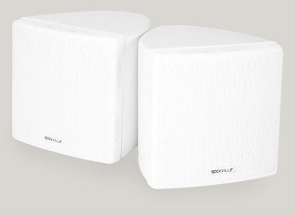 Rockville Cube White 3.5-inch woofer and 0.5-inch tweeter front view delivers clear theater audio.