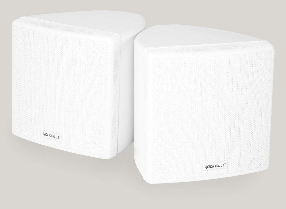 Rockville Cube White 3.5-inch woofer and 0.5-inch tweeter front view delivers clear theater audio.