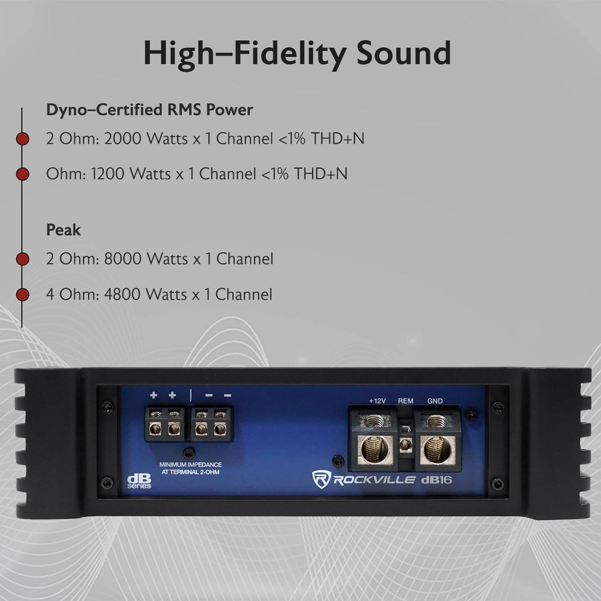 Rockville dB16 LED logo visible on the amplifier face