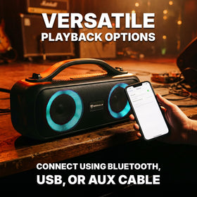 Rockville Go Party D4 rear ports showing USB, aux and TWS connectivity convenience