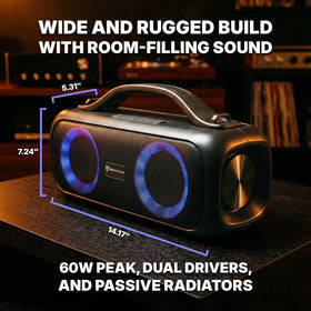 Rockville Go Party D4 close-up of drivers and passive radiators delivering deep bass