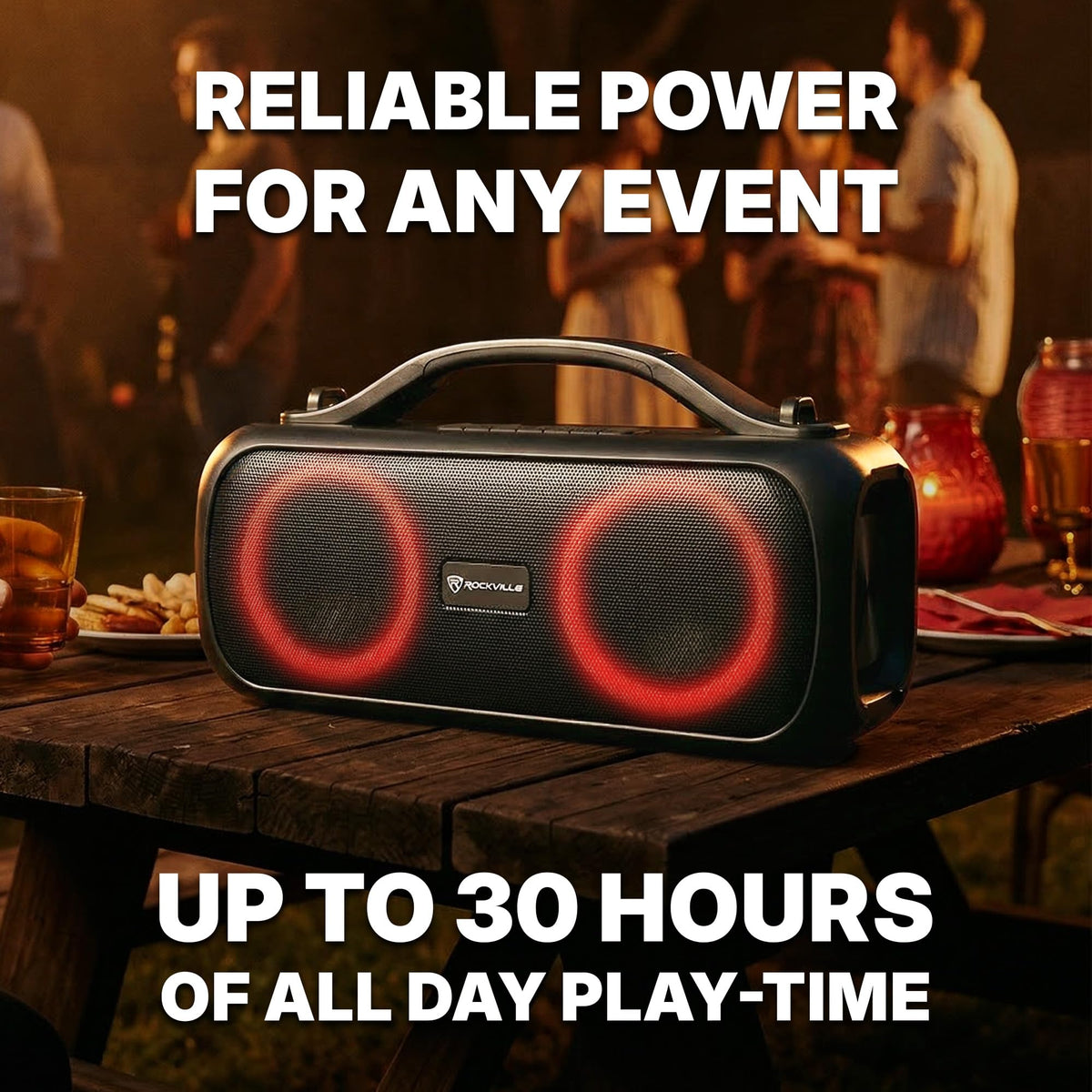 Rockville Go Party D4 LED lightshow pulsing to music to boost party vibe