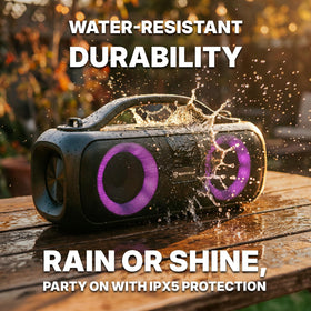 Rockville Go Party D4 next to water bottle showing compact travel-friendly size