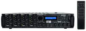 Rockville Home Matrix 4 front panel showing power, zone dials, and input indicators