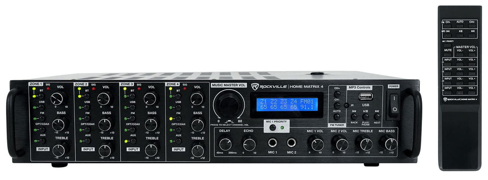 Rockville Home Matrix 4 front panel showing power, zone dials, and input indicators