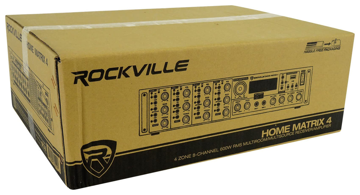 Room-ready setup showing Rockville Home Matrix 4 used in a living room