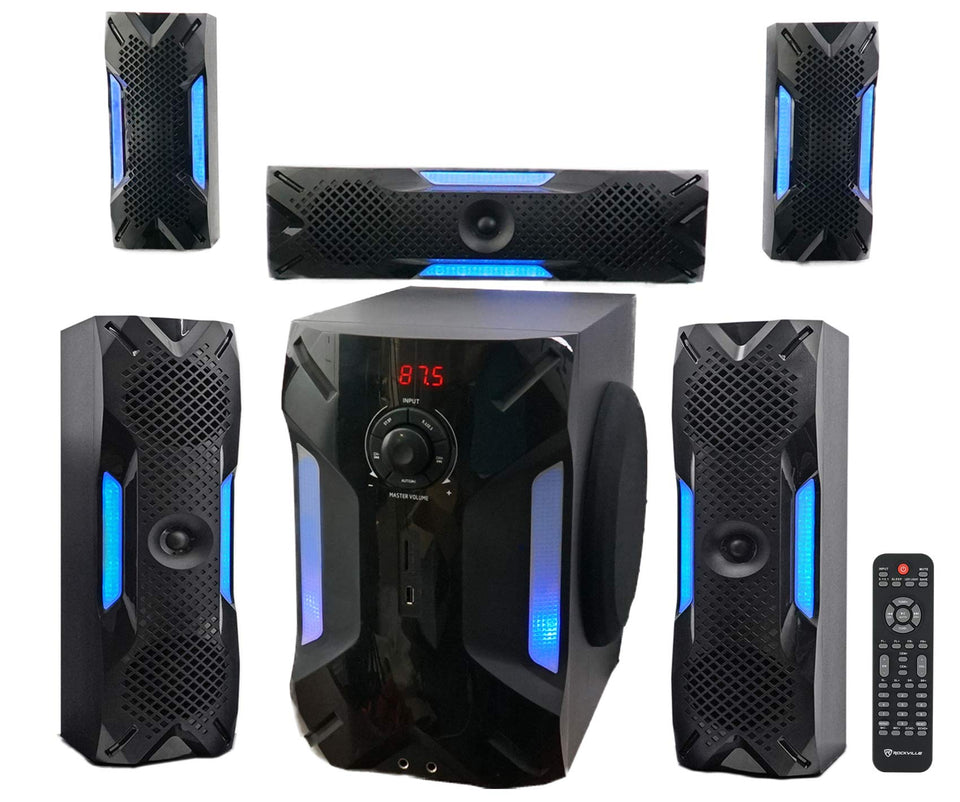 Rockville HTS56 front view showing immersive 5.1 system for movies and music