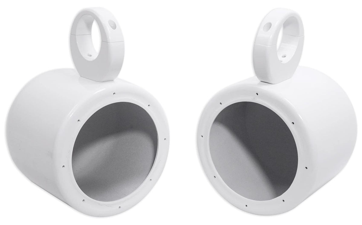 Rockville MAC65W wakeboard tower pod, front view, durable white aluminum for marine use.