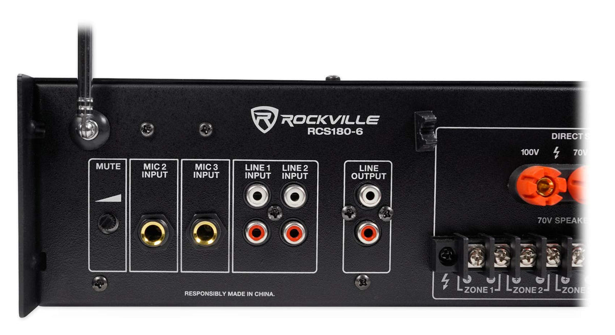 Rockville RCS180-6 display and controls showing Bluetooth and sources.
