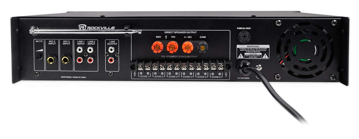 Rockville RCS180-6 rear connectivity ports and speaker terminals.