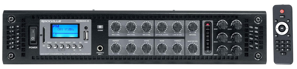 Rockville RCS650-6 front view, a high-power multi-zone amplifier for venues.