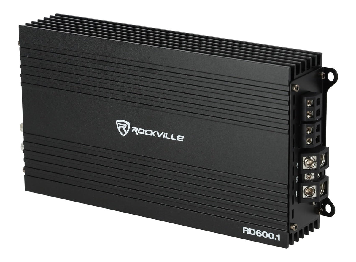 Rockville RD600.1 rear view showing power and speaker connections for subwoofer setups