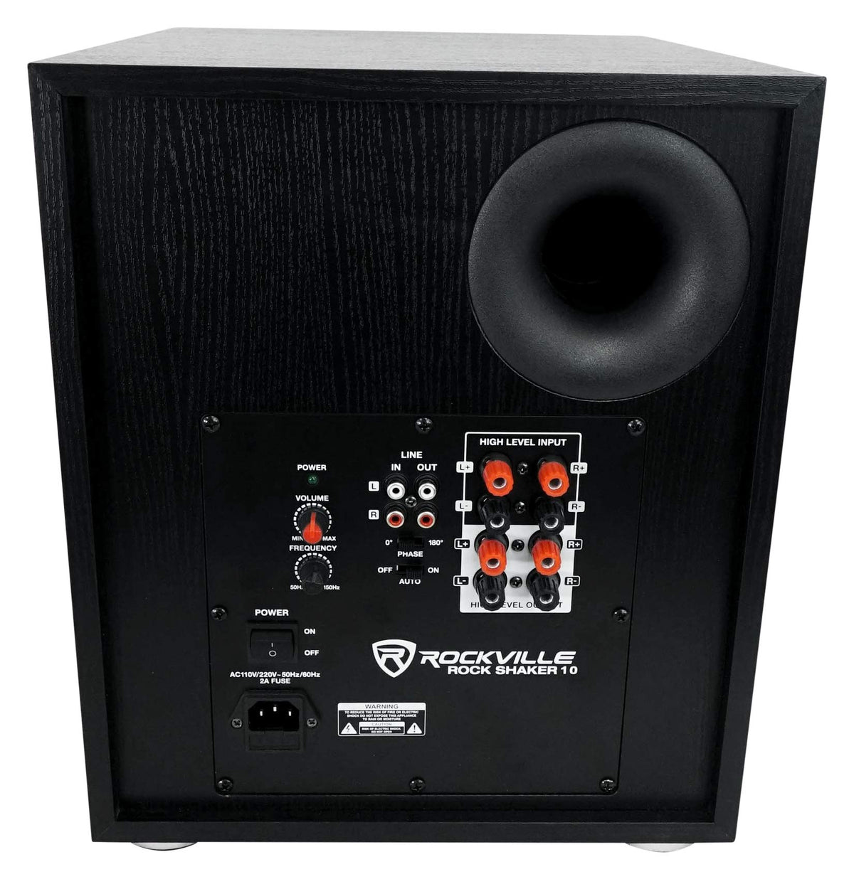 Rockville Rock Shaker 10 enclosure closeup showing MDF construction and vinyl finish.
