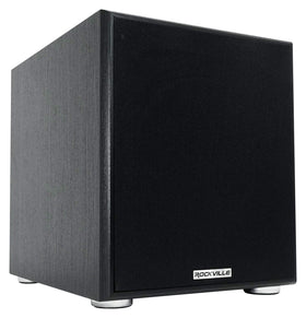 Rockville Rock Shaker 10 front view showing compact, powerful subwoofer for home theater.