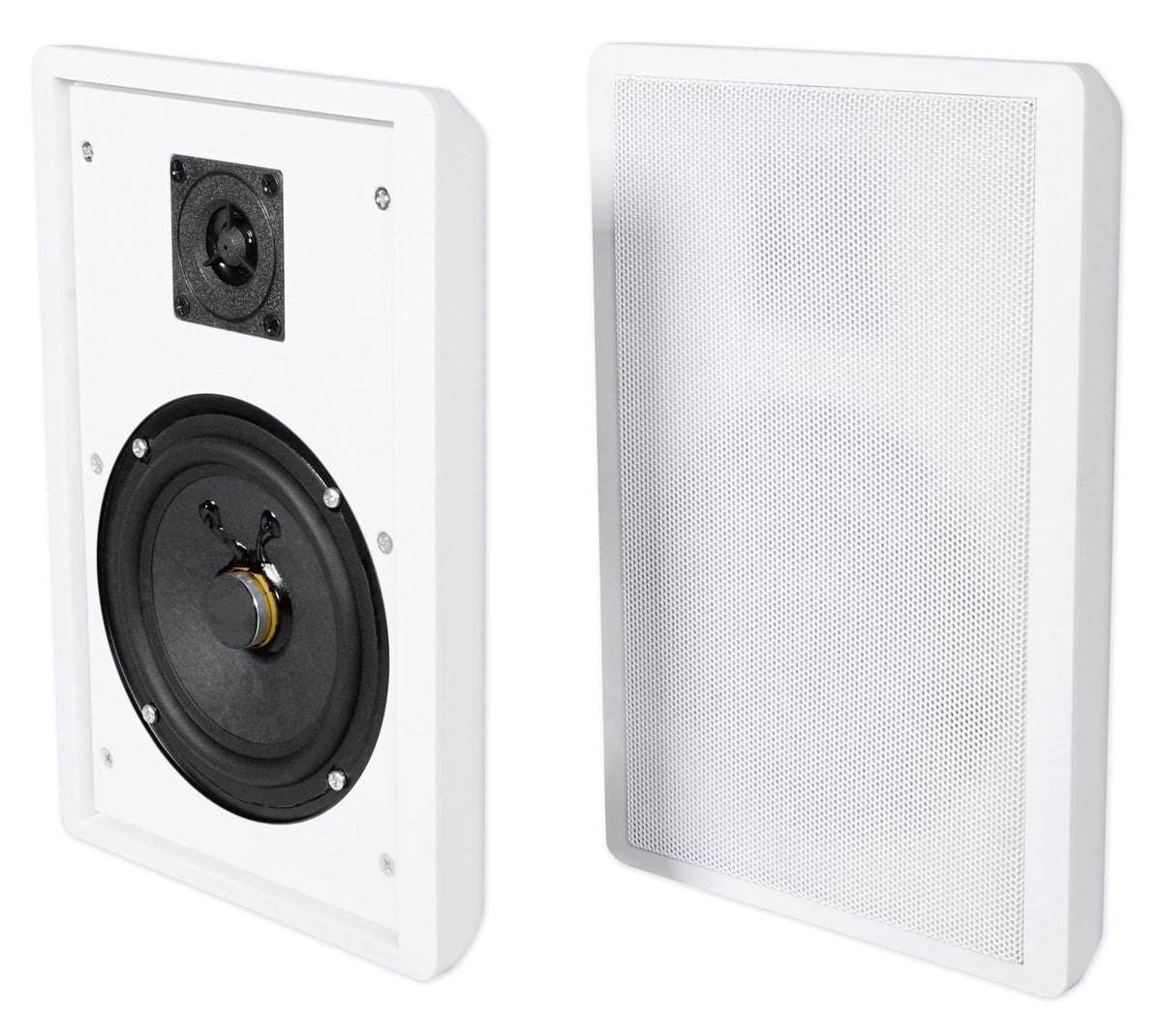 Rockville RockSlim White 5.25-inch speaker on wall mount for space saving.
