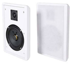 Rockville RockSlim White 5.25-inch speaker on wall mount for space saving.