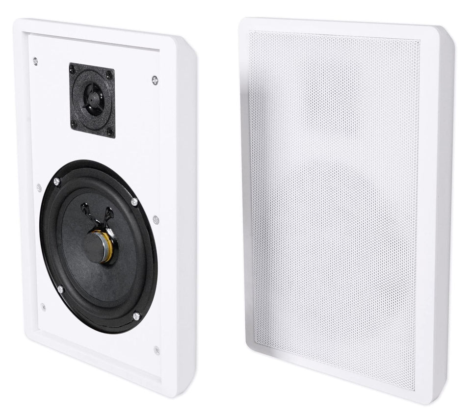 Rockville RockSlim White 5.25-inch speaker on wall mount for space saving.