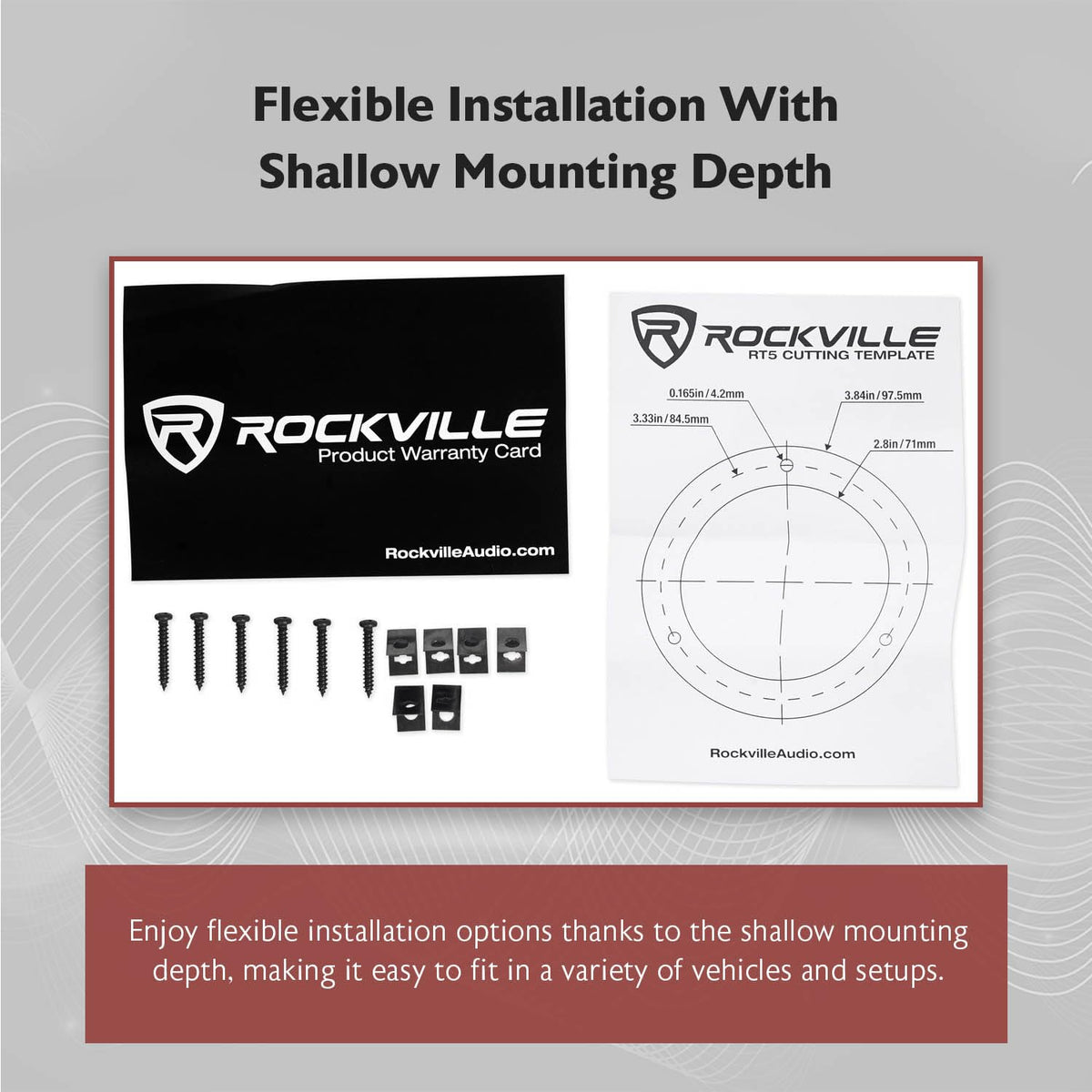 Rockville RT5 next to coin showing compact shallow-mount advantage