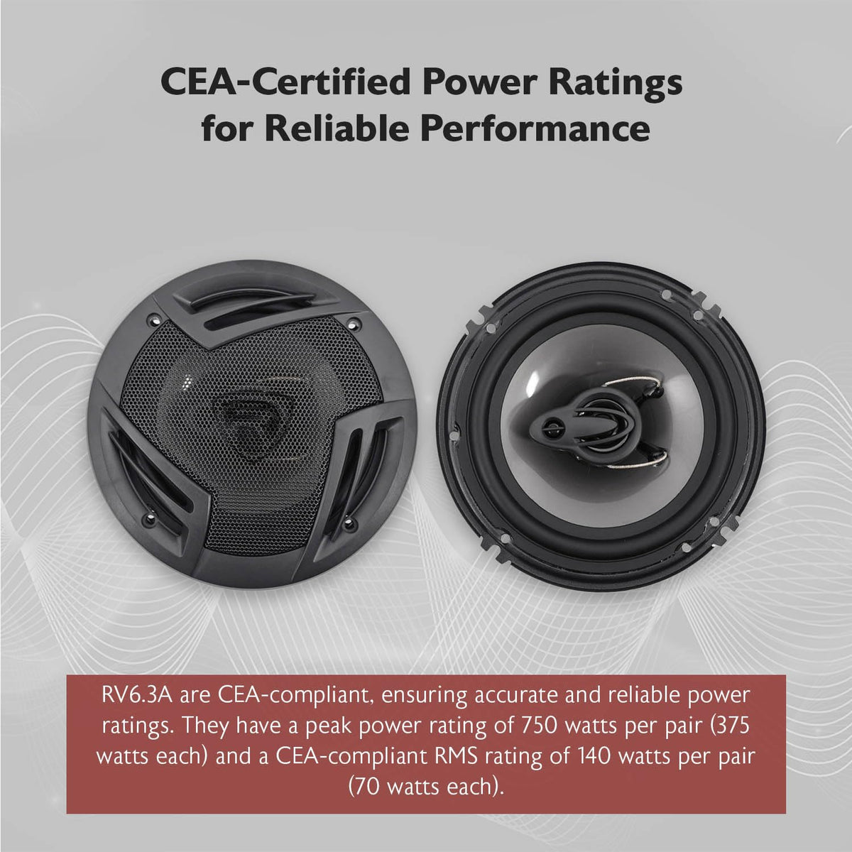 Rockville RV6.3A packaging and spec label showing CEA-rated power figures