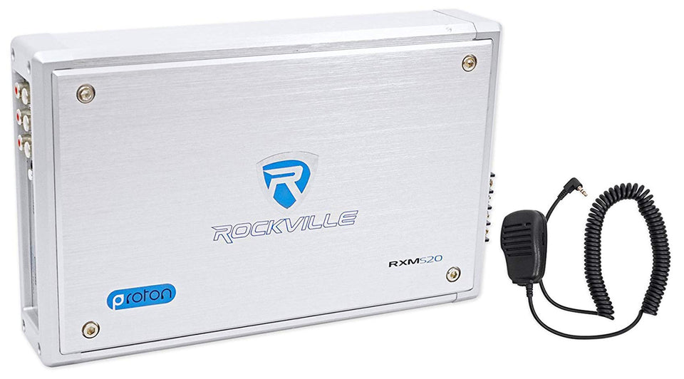 Rockville RXM-S20 front view highlighting its compact design for tight boat spaces.