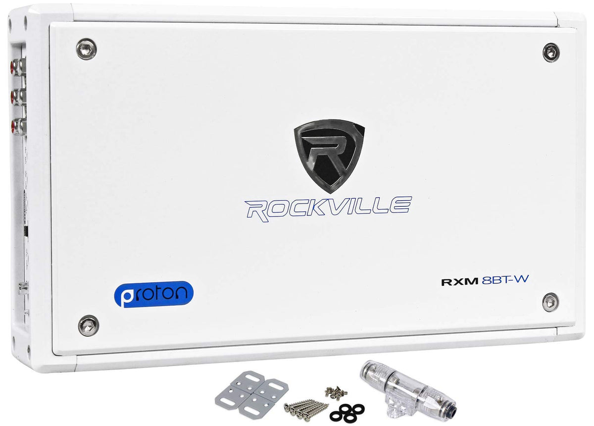 Rockville RXM8BTW 8-channel marine amplifier – rugged, UV-resistant chassis for boats.