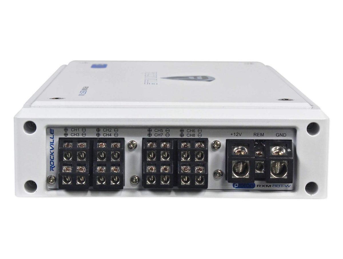 Rockville RXM8BTW marine-grade circuitry with conformal coating and stainless terminals for durability.