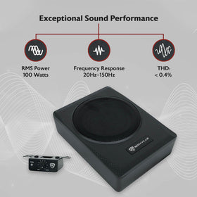 Rockville Slim under-seat subwoofer built-in amplifier powering strong bass in a compact unit.