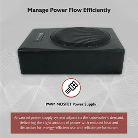 Rockville Slim under-seat subwoofer cast aluminum chassis stays cool under use.