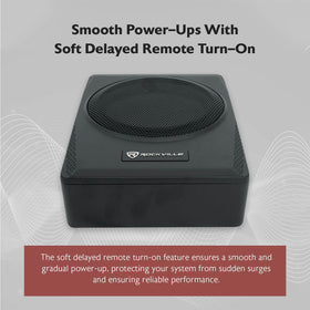 Rockville Slim under-seat subwoofer high-level input panel enables factory or aftermarket connections.