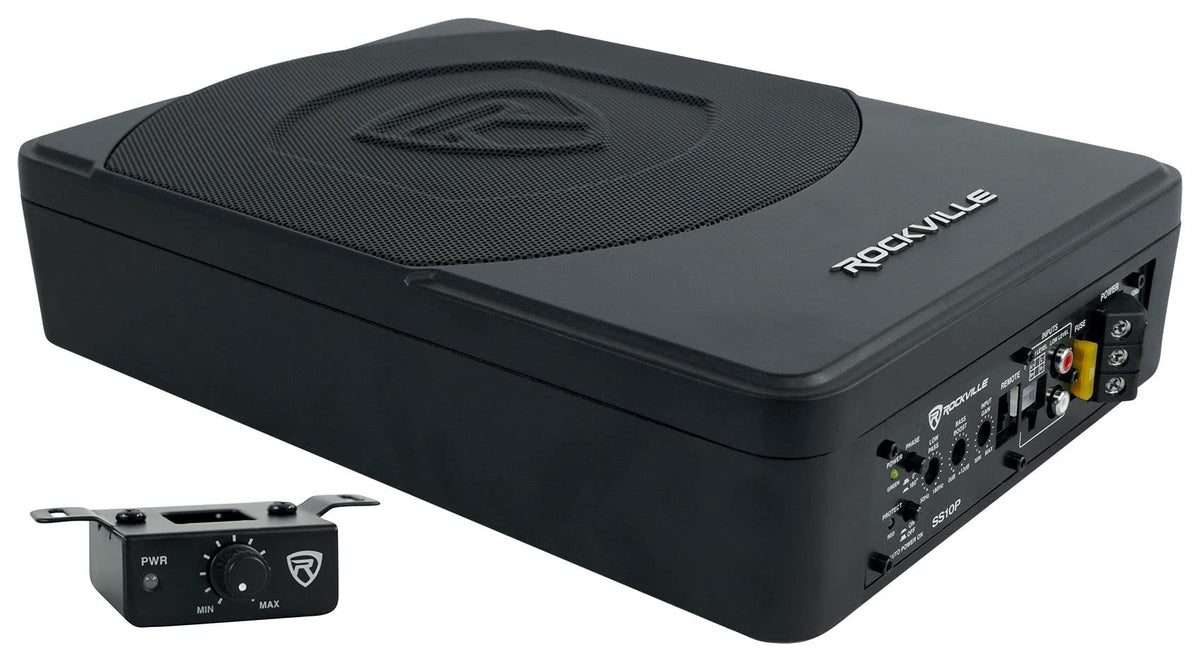 Rockville SS10P under-seat subwoofer front view showing slim profile for discreet bass