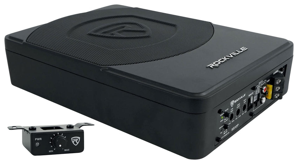 Rockville SS10P under-seat subwoofer front view showing slim profile for discreet bass