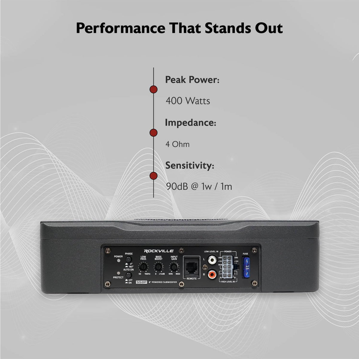 Rockville SS8P remote bass knob included for quick level adjustments